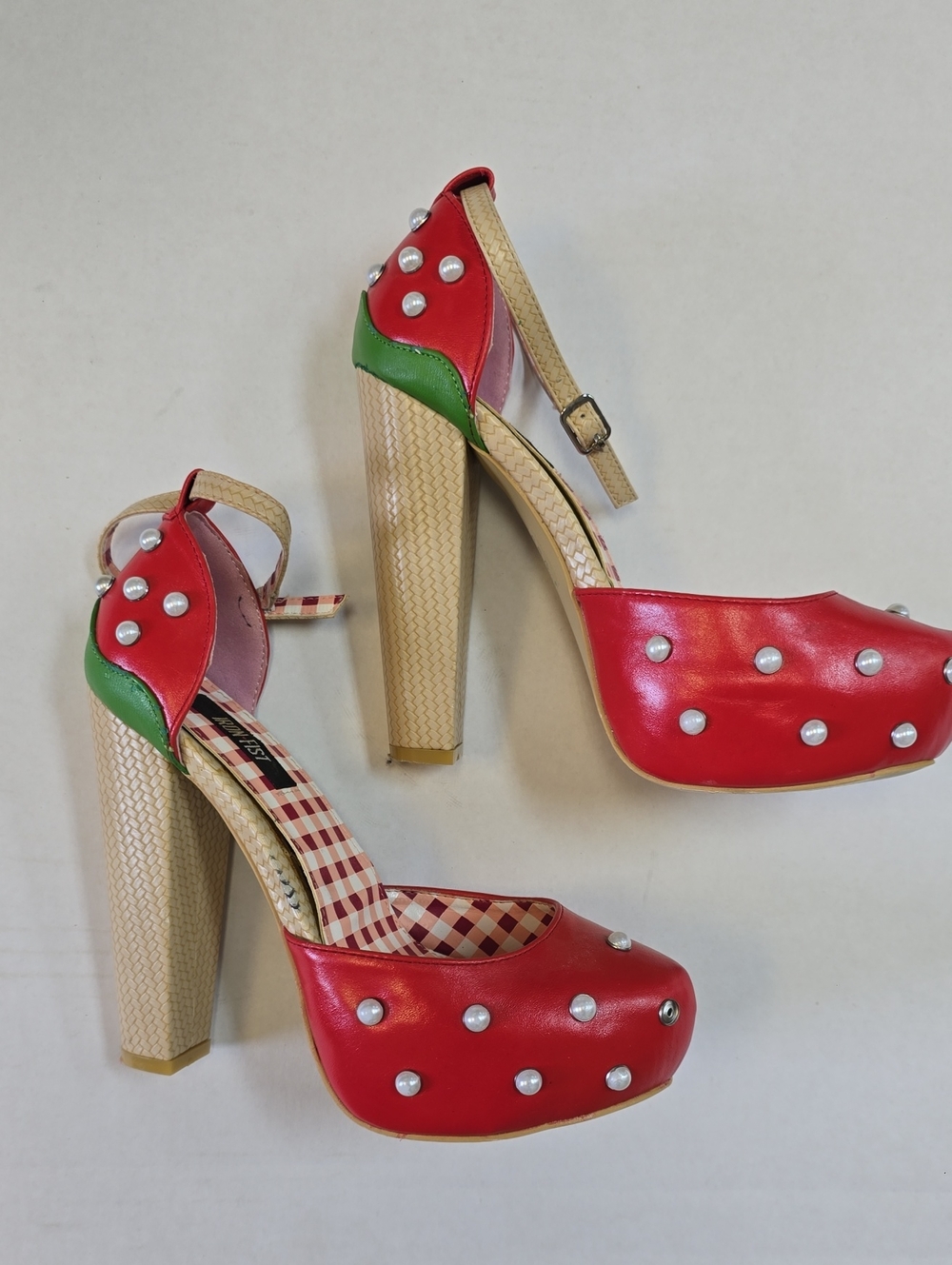 Iron Fist Red Platform Heels with Green Accent and Silver Studs
